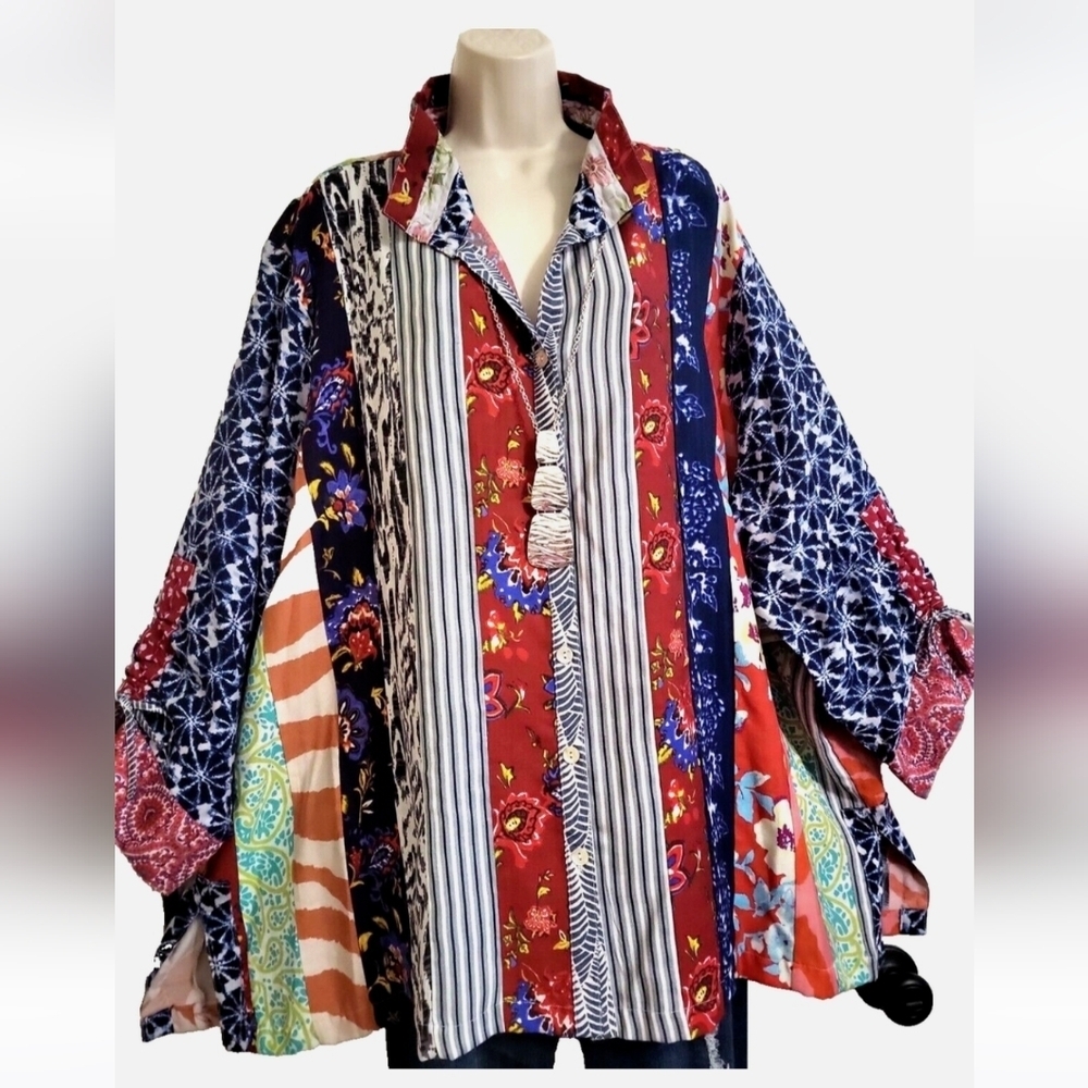 John Mark Artsy Boho Unique Art to Wear Wire Collar Blouse Top Patchwork XL